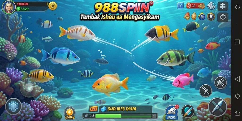 Screenshot gameplay 988SPIN menampilkan suasana berburu ikan yang intens.