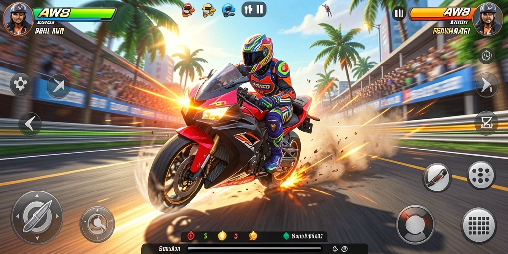 Tampilan gameplay balapan motor yang intens dan mendebarkan.