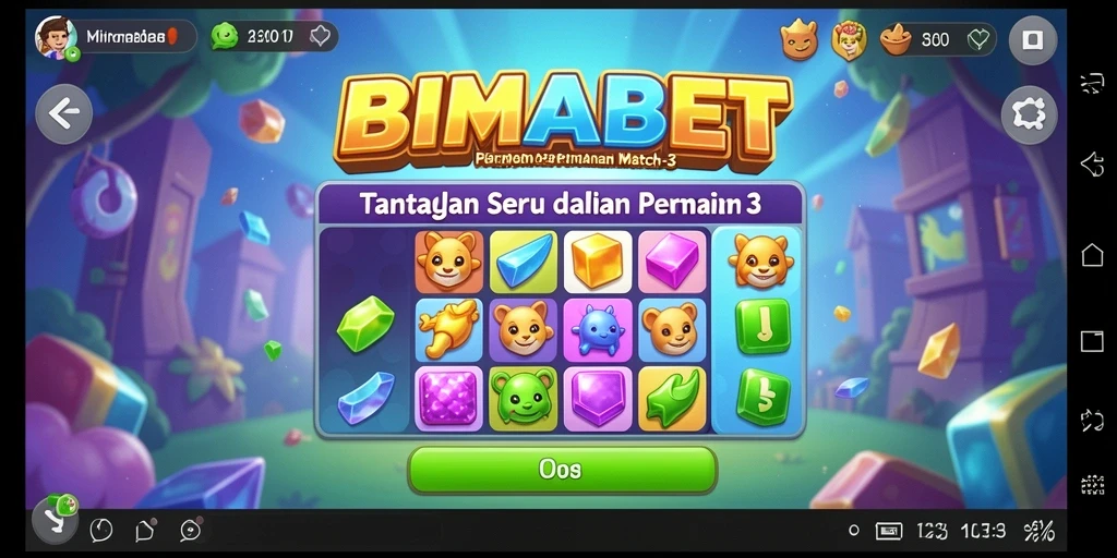 Tampilan gameplay seru BIMABET dengan elemen Match-3 yang berwarna-warni.