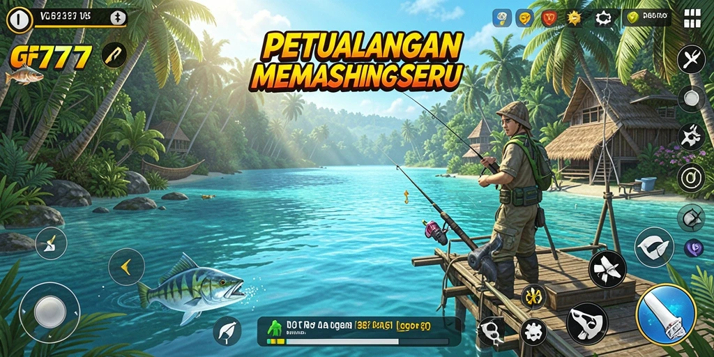 Tampilan gameplay menarik dalam GF777 saat memancing di lokasi eksotis.