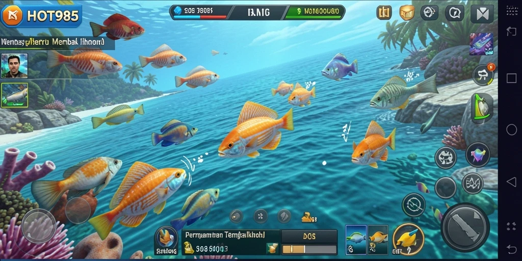 Screenshot HOT985 menampilkan momen menangkap ikan yang seru.