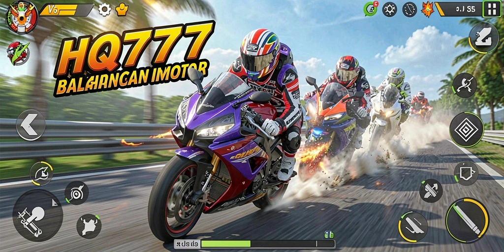 Gameplay HQ777 menampilkan balapan motor yang mendebarkan di trek yang menantang.