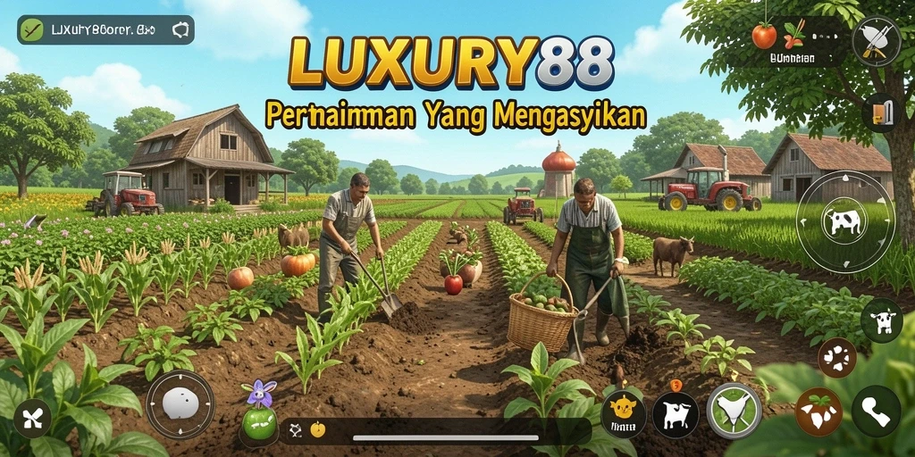 Screenshot gameplay LUXURY88 menampilkan aktivitas pertanian yang dinamis.