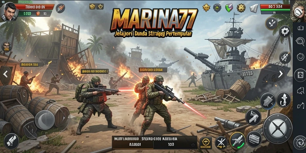 Screenshot gameplay SLG yang menampilkan pertempuran epik di MARINA77.