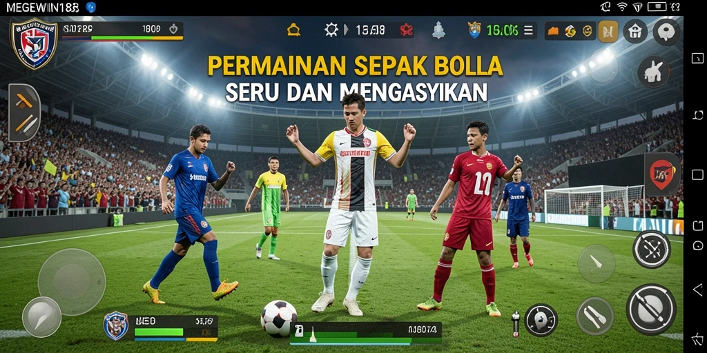 Screenshot MEGEWIN188 menampilkan aksi seru dalam permainan sepak bola.