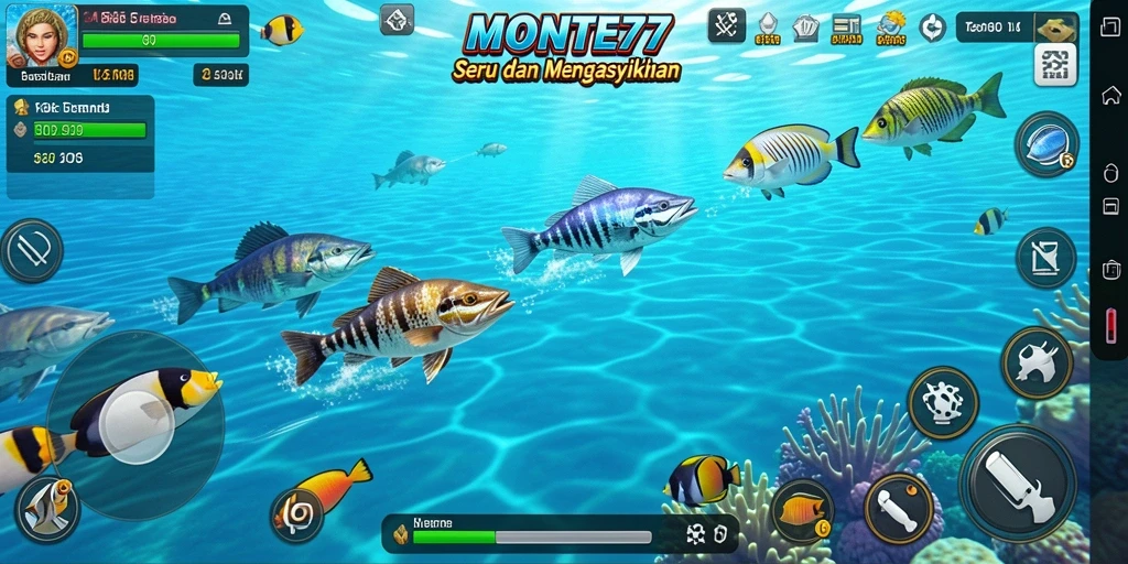 Screenshot gameplay MONTE77 yang memperlihatkan aksi menembak ikan.