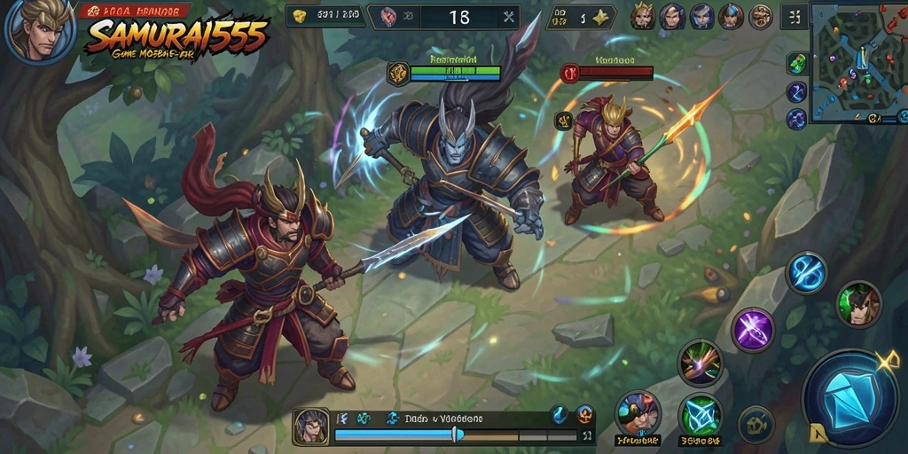 Screenshot SAMURAI555 menampilkan pertarungan karakter dalam gameplay MOBA.